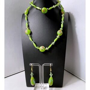 Vintage Millefiori Necklace Earrings Set Glass Bead Green Opera 30" Spring